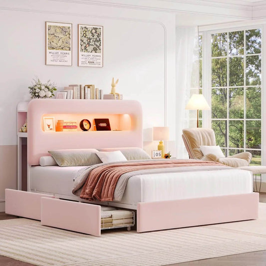 Full LED Bed Frame with Storage Headboard and Charging Station, Girls Bed Frame with 2 Drawers and USB Ports, Velvet Upholstered - MarvelouStoree