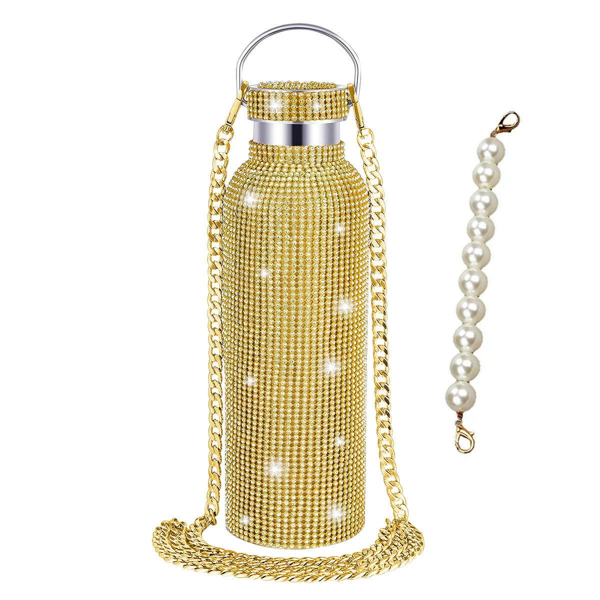 500/750/1000ml Diamond Thermos Bottle With 2pcs Chain Portable Rhinestone Water Bottle Double Wall Stainless Steel Thermal Flask