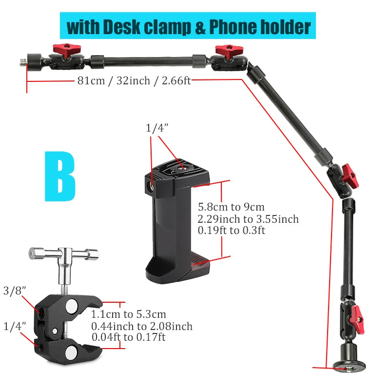 BFOLLOW 32" 22" Smartphone Bracket Magic Arm for Camera Articulated Flexible Wall Mount Desk Clamp Tablet Webcam Gopro Stand