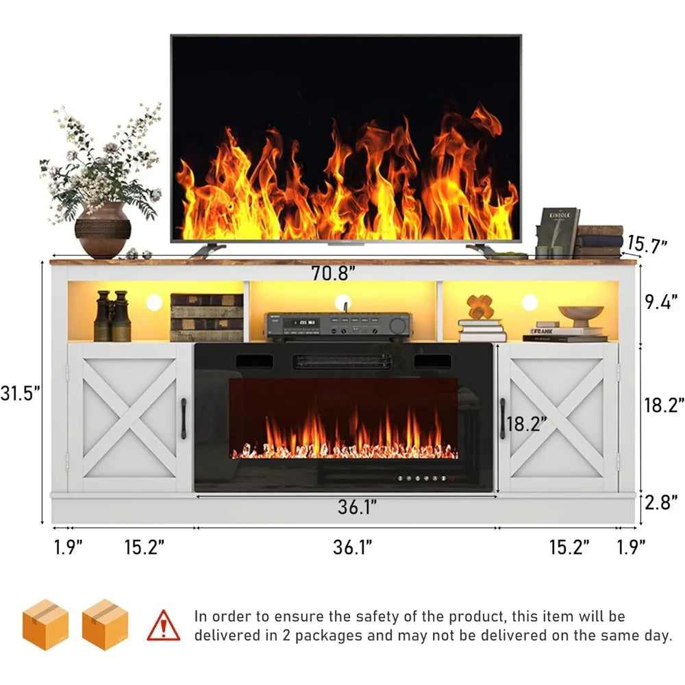 Farmhouse Fireplace TV Stand for 70/75/80 Inch TV, 32”Tall Entertainment Center w/ 36”Electric & LED Light, 70”Media Console