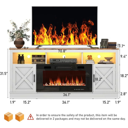 Farmhouse Fireplace TV Stand for 70/75/80 Inch TV, 32”Tall Entertainment Center w/ 36”Electric & LED Light, 70”Media Console