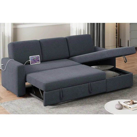 Sectional Sofa L-Shaped Sofa Couch Bed w/Chaise & USB, Reversible Couch Sleeper w/Pull Out Bed & Storage Space, 4-seat Fabric - MarvelouStoree