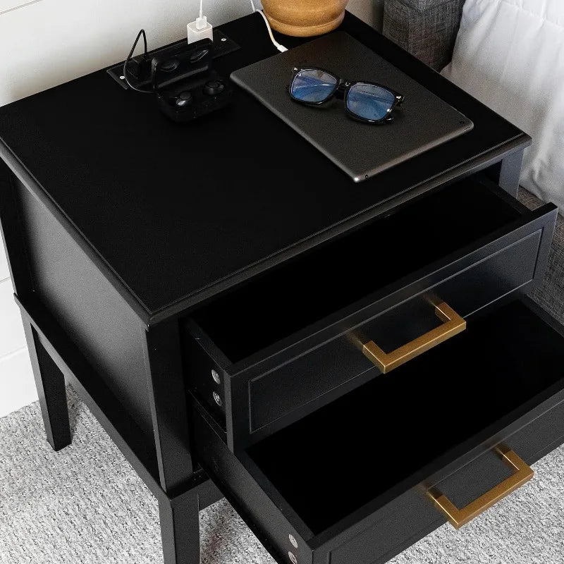 2 Drawer Side Table with Charging Station - Mid Century Modern, 2 USB Ports&2 Outlets -Multifunctional Smart Bedside Nightstand