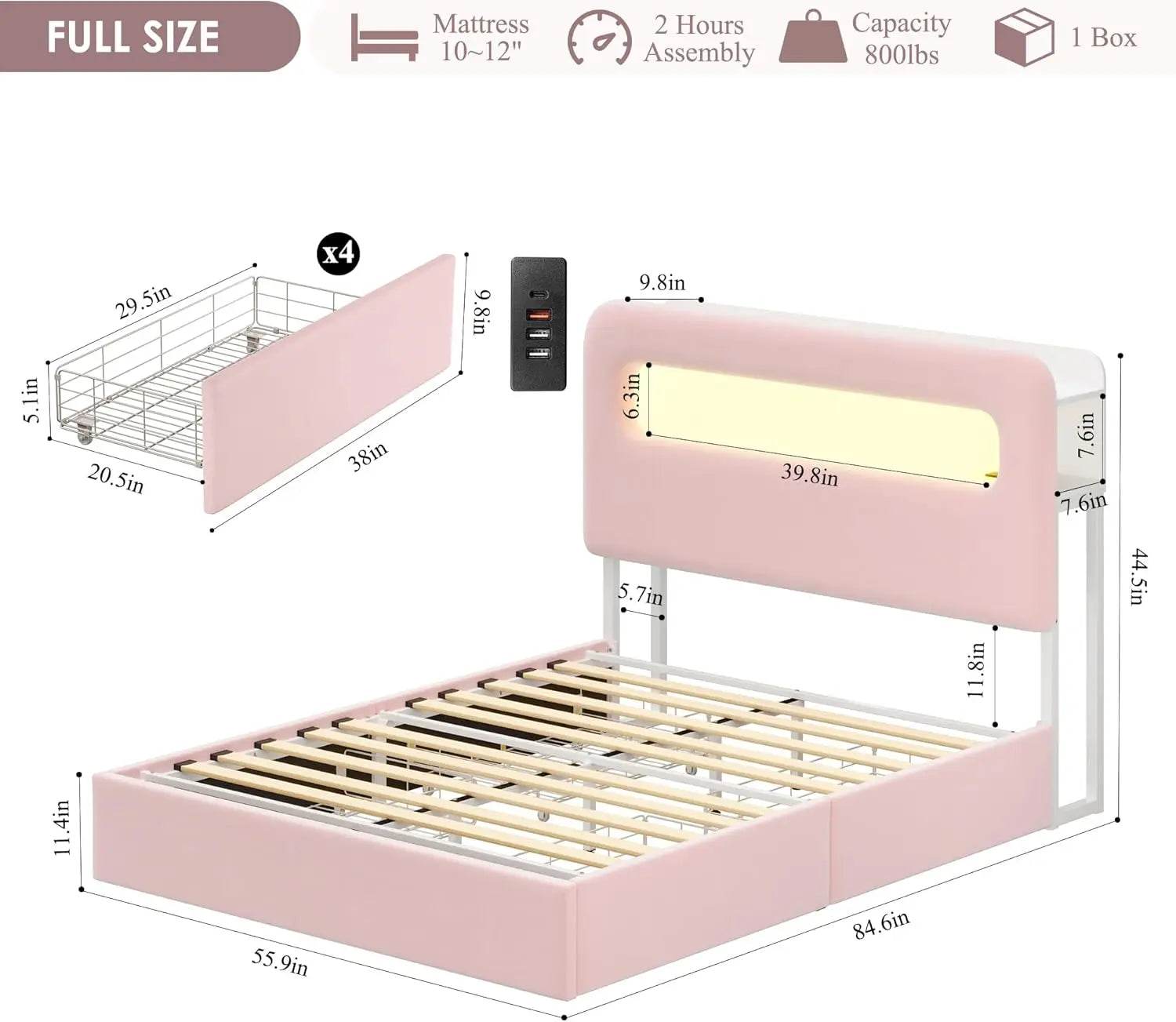 Full LED Bed Frame with Storage Headboard and Charging Station, Girls Bed Frame with 2 Drawers and USB Ports, Velvet Upholstered - MarvelouStoree