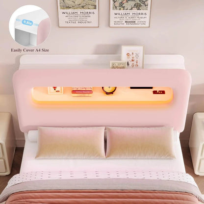 Full LED Bed Frame with Storage Headboard and Charging Station, Girls Bed Frame with 2 Drawers and USB Ports, Velvet Upholstered - MarvelouStoree