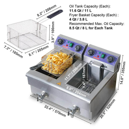 VEVOR Commercial Electric Deep Fryer w/Dual Tanks 12L Countertop Fryer w/Oil Filter and Timed for Fried Chicken French Frie - MarvelouStoree