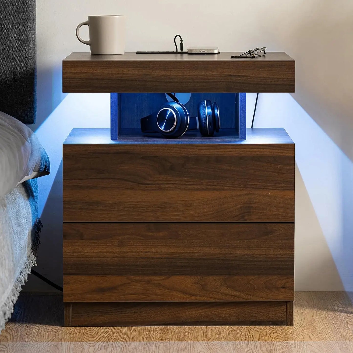 Set of 2 LED Nightstand with Wireless Charging Station Dark Walnut Mid Century Wood Bedside Table Led Light Smart Nightstand