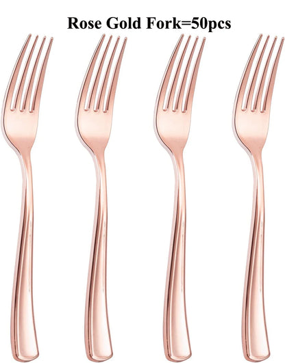 75 Piece Gold Disposable Cutlery Set - Disposable Plastic Rose gold Flatware - Includes 25 Forks, 25 Spoons, 25 Knives