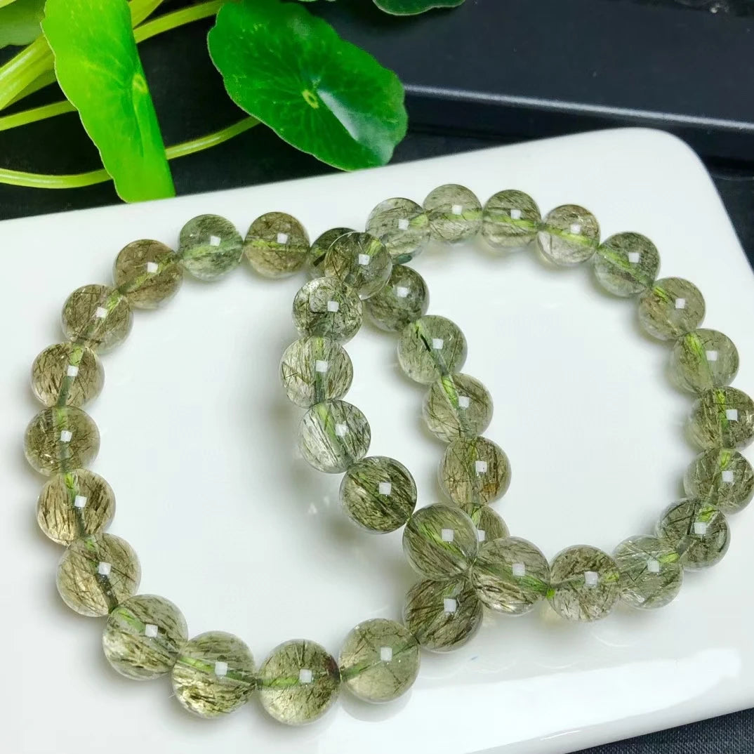 Natural Green Rutilated Quartz Tourmilated Bead Bracelet Brazil Clear Round Women Men 8mm 9mm 10mm 11mm 12mm Stone AAAAA