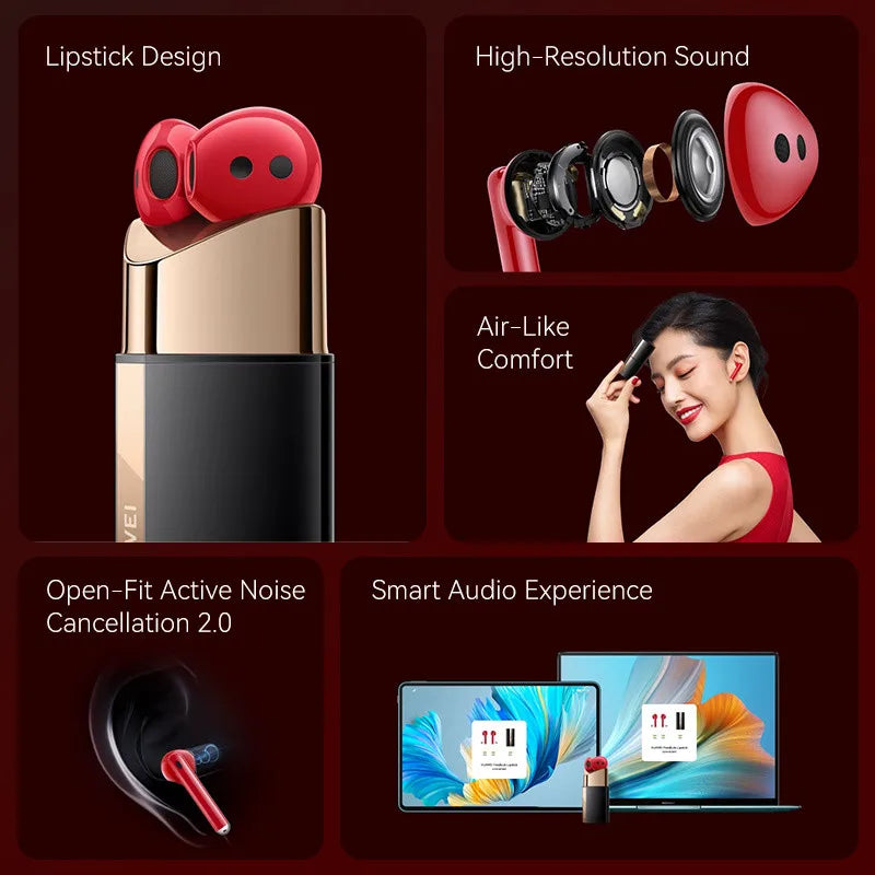 Huawei FreeBuds Lipstick Headphone Original High Resolution Sound Air-Like Comfort Open-Fit Active Noise Cancellation 2.0 Red