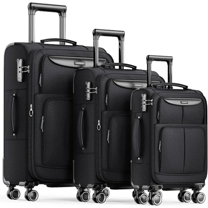 Luggage Sets 3 Piece Softside Expandable Lightweight Durable Suitcase Sets Double Spinner Wheels TSA Lock Black