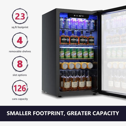 Beverage Refrigerator Cooler - 126 Can Mini Fridge with Glass Door Freestanding for Soda Beer or Wine, Beverage Cooler for Home,