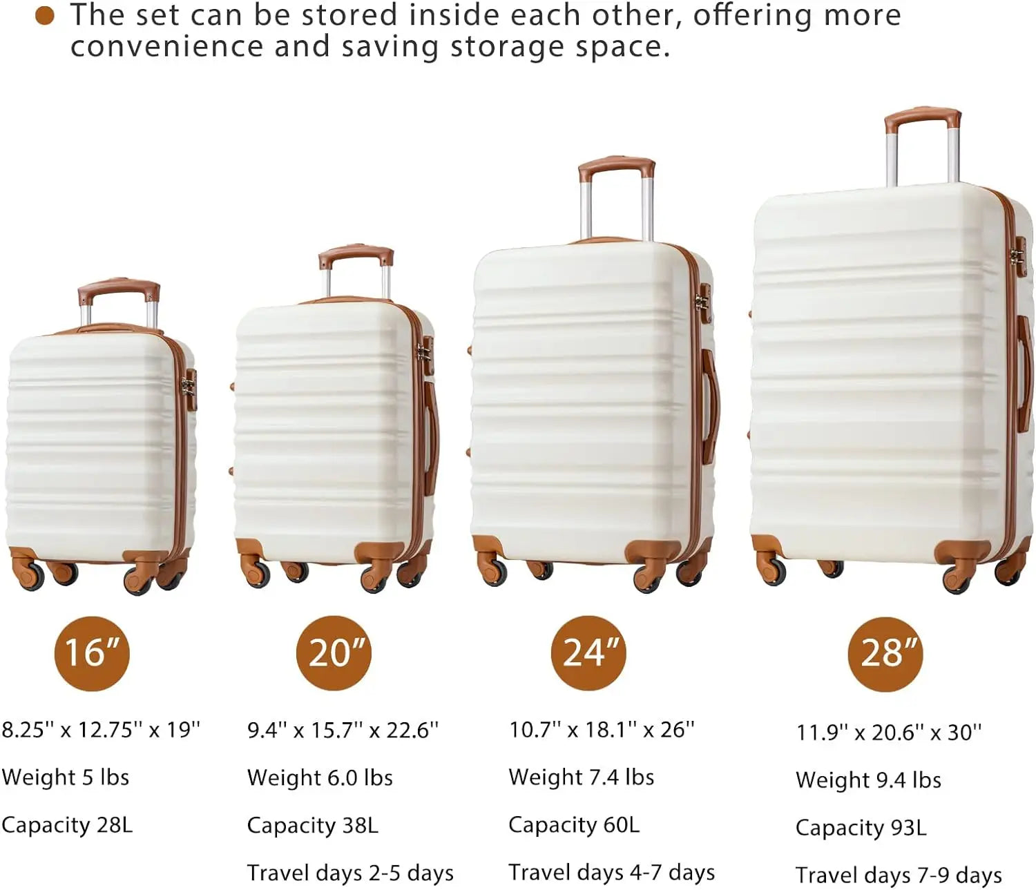 Luggage Set 4 Piece Luggage Set ABS hardshell TSA Lock Spinner Wheels Luggage Carry on Suitcase WHITE-BROWN, 6 piece set