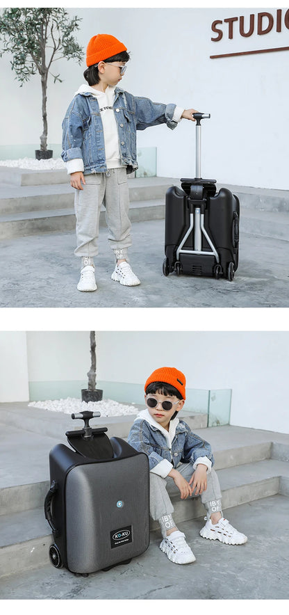 New design lazy baby sit on scooter luggage kids carry on travel suitcase bag boarding skateboard creative trolley case