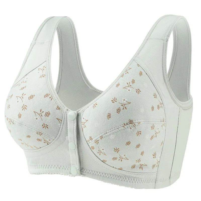 Women's Full Cotton Bras Front Closure Bra Printed Front Soft Cotton Middle-aged And Elderly Bras Plus Size Button Underwear