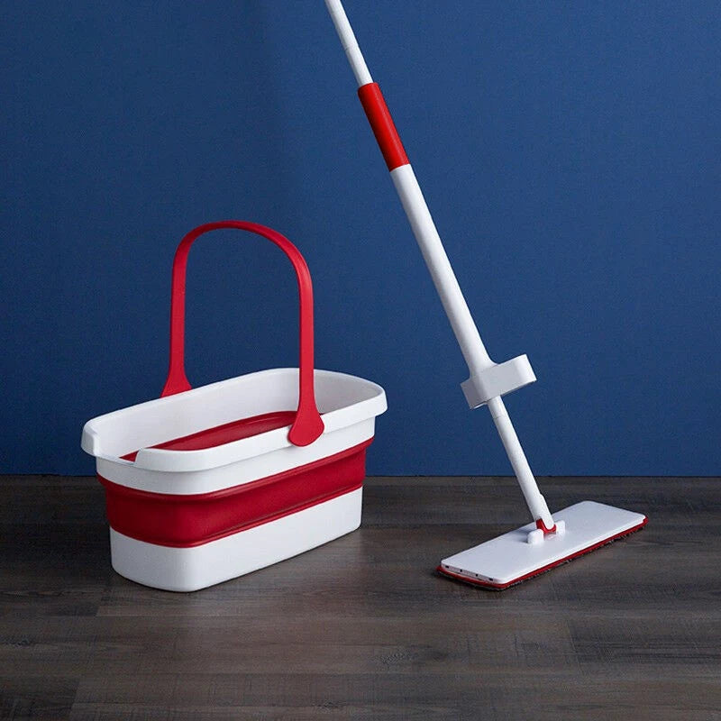 Flat Squeeze Mop and Folding Bucket Free Hand Washing Floor Cleaning Mop Microfiber Mop Pad Cleaning Tools on Hardwood Laminate