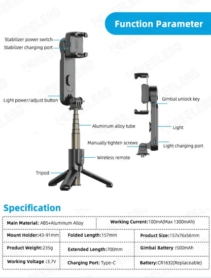 Gimbal Stabilizer with Fill Light Selfie Tripod Wireless Anti-shake Bluetooth Stabilizer for Smartphone Xiaomi IPhone 16 Pro Max