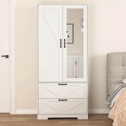 Wardrobe Closet with Mirror Door and 2 Drawer,Farmhouse Bedroom Cabinet with Hanging Rod and Light,Wooden - MarvelouStoree