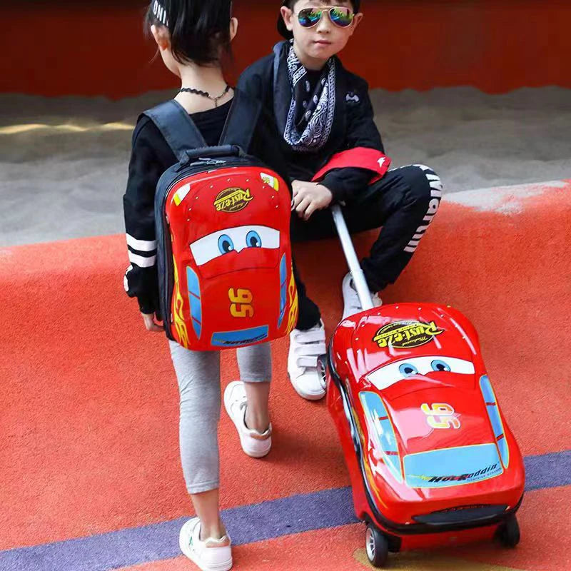 Cartoon Kids Suitcase Boys Can Ride 18" Trolley Box Car Elementary School Backpack with wheels 13" Travel Luggage Boarding Box