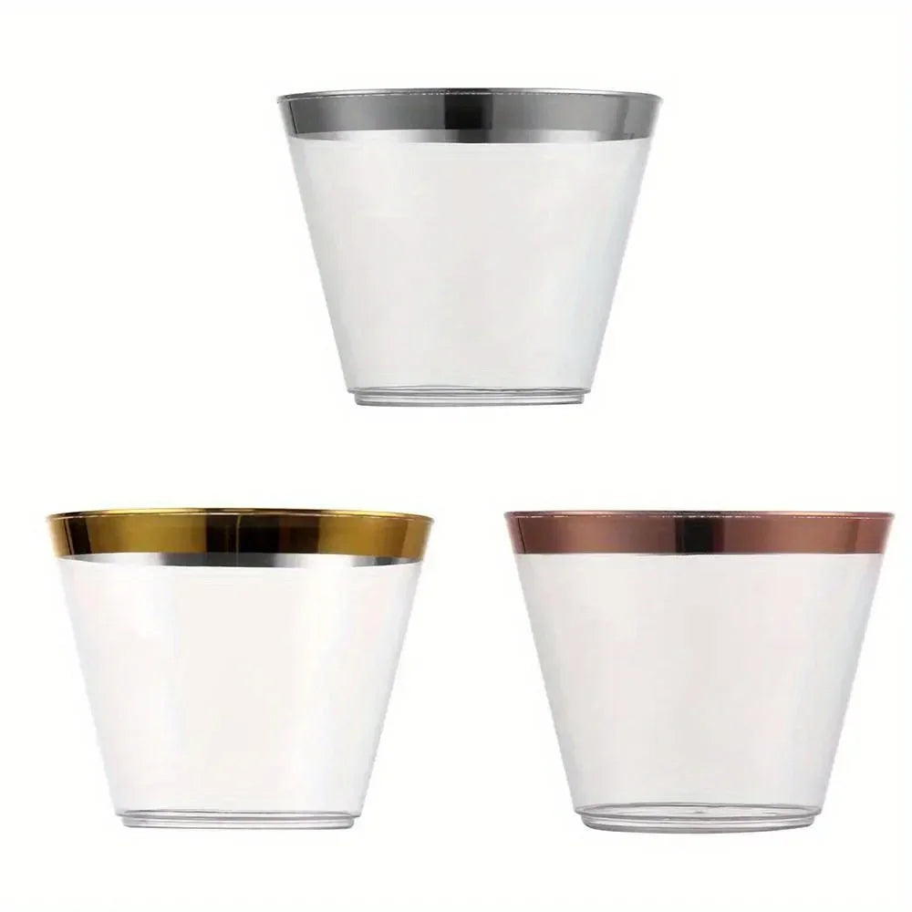 100pcs disposable plastic cups with rose gold and silver edges, 9oz, perfect for weddings, birthday parties, and tableware,