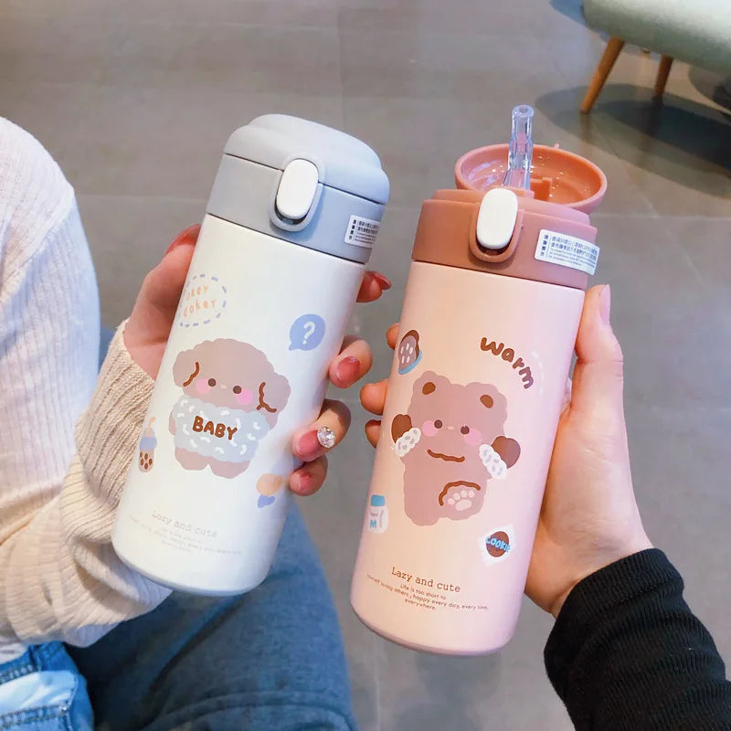 380Ml Stainless Steel Thermos Cup with Straw Drink Cute Cartoon Insulated Vacuum Water Bottle for Kids Girls Portable Drinkware