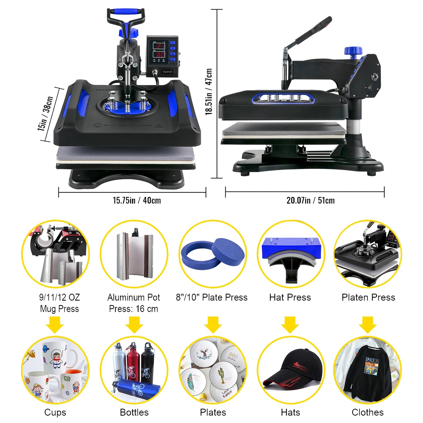 VEVOR 5/8in1 15x15"/12x15" Dual-tube Heating Insulation Cotton Heat Press Sublimation Machine 360° Swing Design for T-shirts Etc