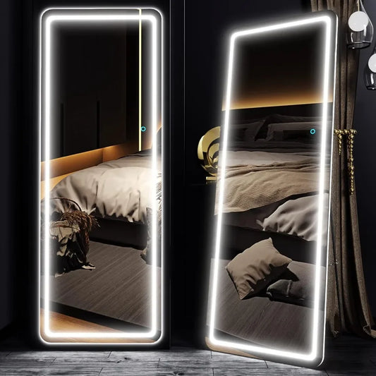 63"x22" Full Length Mirror with Lights，Dimming & 3 Color Lighting，Stand Up Mirror，LED Free Standing Mirror