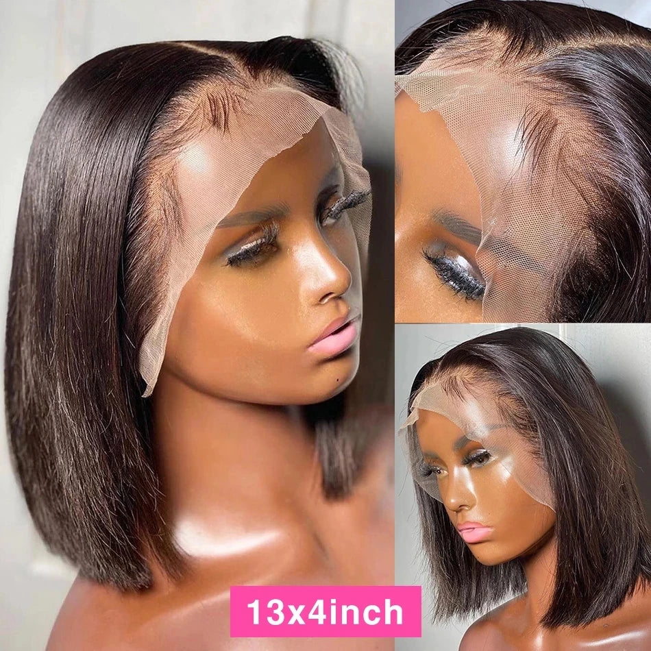 Short Bob Wig Bone Straight Human Hair Wigs For Black Women Pre-Plucked Remy Wigs Malaysian 13x4 Lace Frontal Wigs 180% Density