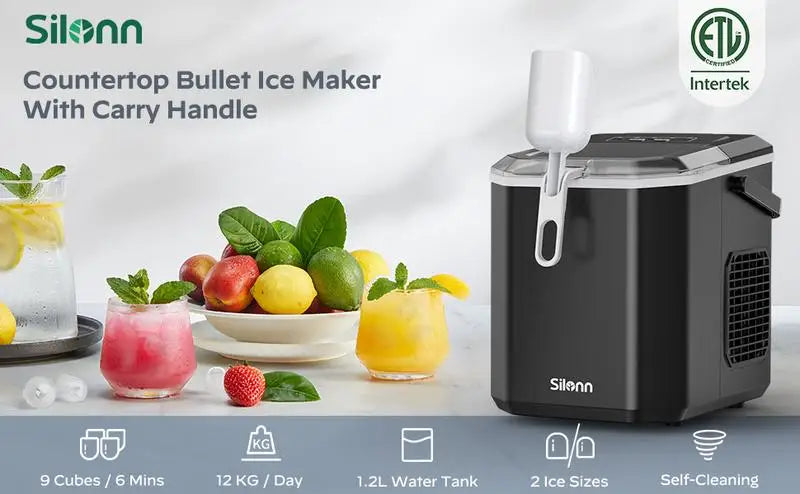 Silonn Ice Maker Countertop, Portable Ice Machine, Self-Cleaning, 9 Cubes in 6 Mins, for Home, Kitchen