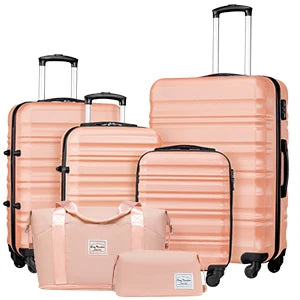 Luggage Set 4 Piece Luggage Set ABS hardshell TSA Lock Spinner Wheels Luggage Carry on Suitcase WHITE-BROWN, 6 piece set