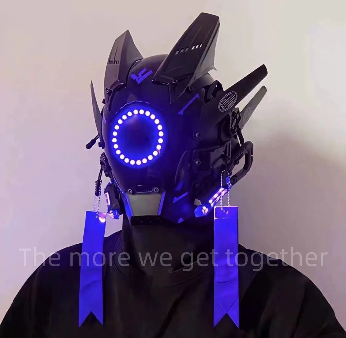 Cyberpunk Mask, Halloween Cosplay Costume Black Full Face Mask, Futuristic Techwear Helmet LED Light, Punk Knight