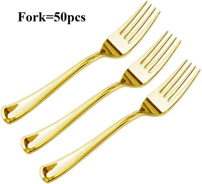 75 Piece Gold Disposable Cutlery Set - Disposable Plastic Rose gold Flatware - Includes 25 Forks, 25 Spoons, 25 Knives