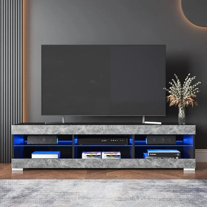 LED TV Stand for 65 inch TV Grey Black TV Stand with Led Lights Modern TV Entertainment Center with Glass Shelves TV