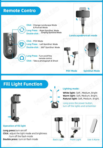 Gimbal Stabilizer with Fill Light Selfie Tripod Wireless Anti-shake Bluetooth Stabilizer for Smartphone Xiaomi IPhone 16 Pro Max