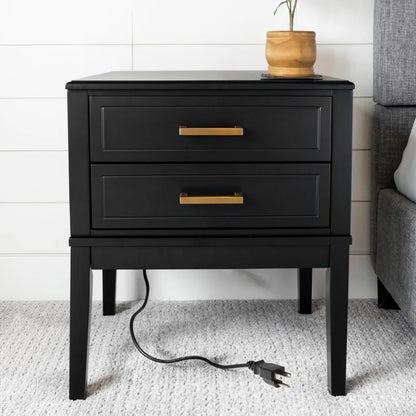 2 Drawer Side Table with Charging Station - Mid Century Modern, 2 USB Ports&2 Outlets -Multifunctional Smart Bedside Nightstand