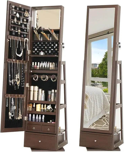 360 Swivel Full Length Mirror Jewelry Cabinet Standing With Built - 63.7 H Armoire With Mirror & 3 Drawers, Lockable Storage - MarvelouStoree