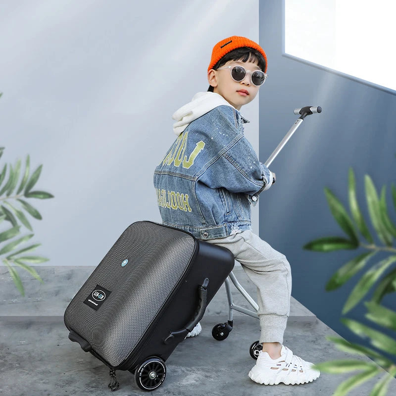 New design lazy baby sit on scooter luggage kids carry on travel suitcase bag boarding skateboard creative trolley case