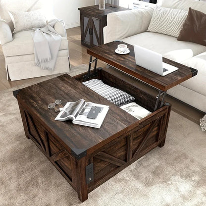 Lift Top Coffee Table with Storage, Wood Square Center Table with Charging Station&USB Ports,Living Room Central Table