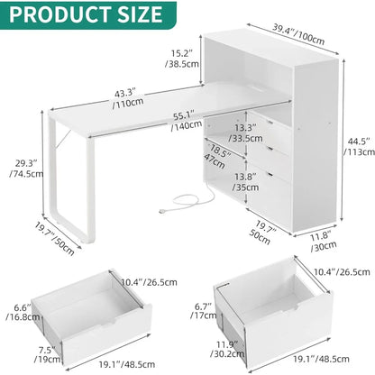 Shaped Desk with Drawers, 55" Corner Computer Desk with Bookshelf & Power Outlets & LED Lights, Home Office Desk with Storage