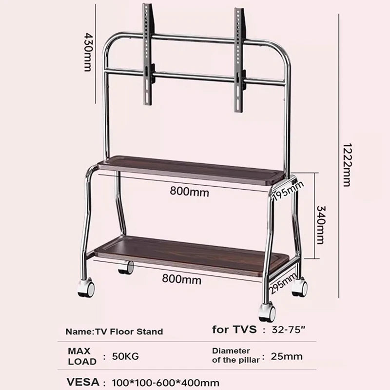 Floor Stand TV Support Shelf Removable With Wheels 32-75 Inches TV Cart TV Shelf Mute Wheels up to 110lbs Max VESA 600x400mm