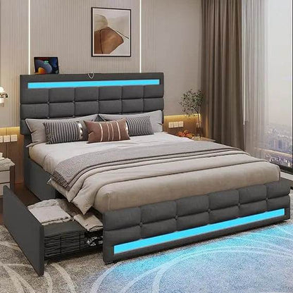 Queen bed frame with drawers, LED with charging station, with headboard and footboard, no spring mattress required, white - MarvelouStoree