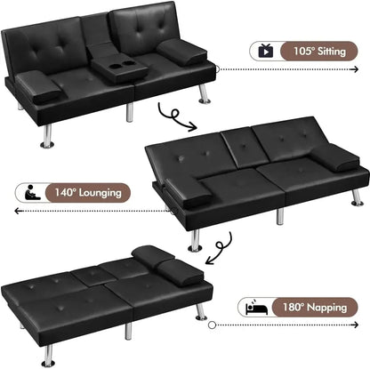 Leather Recliner Reversible Loveseat Folding Daybed Guest Bed, Removable Armrests, Cup Holders, 3 Angles, 772lb Capacity, Black