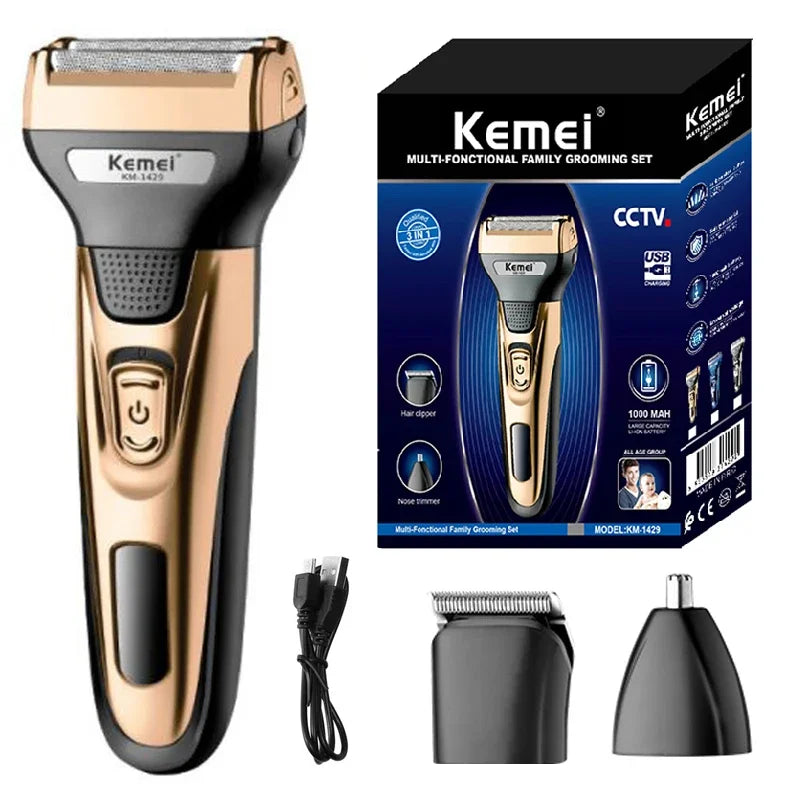 Kemei 3in1 grooming kit electric shaver for men beard hair trimmer body nose ear shaving machine face razor rechargeable