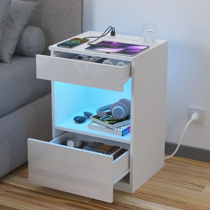 Open Shelf LED Nightstand with Charging Station 2 Drawers Bedside Table Black Night Stand with Storage Smart Nightstands