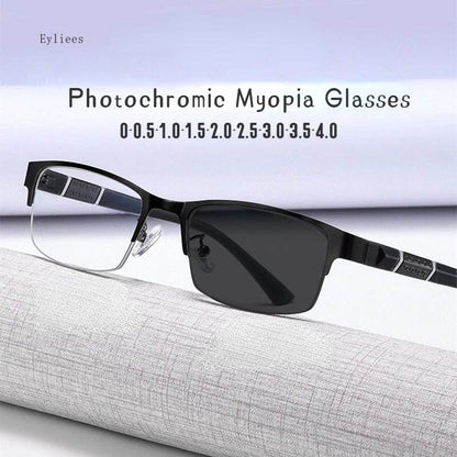 Men's Vintage Business Photochromic Myopia Glasses Half Frame Metal Blue Light Blocking Eyewear Classic UV Shades Sunglasses - MarvelouStoree