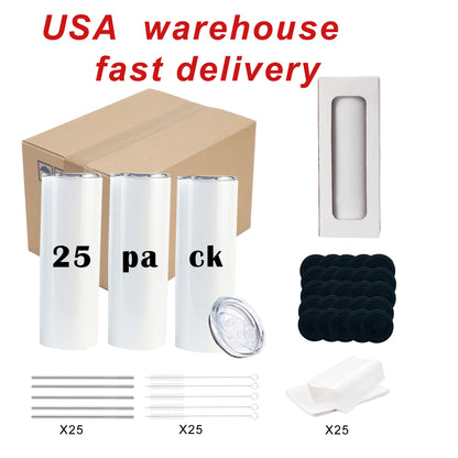 USA Warehouse In Stock 20oz 30oz Sublimation Blanks Straight Skinny Tumbler Double  Wall S Steel  With Lid And Metal Straw