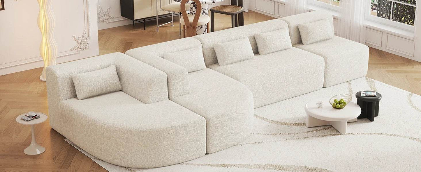 Sectional sofa, 4 free sectional sofas, modern upholstered sofa in Boucle fabric with 2 chaise longues and 5 cushions, beige - MarvelouStoree