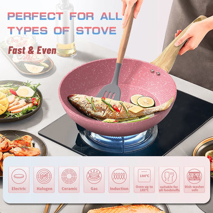 Innerwell 8Pcs Kitchen Frying Pan Stockpot Milk Pot Sets with Glass Lid Nonstick Toxin Free Stone Cookware Compatible All Stoves