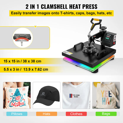 VEVOR 2In1 Heat Press Machine 38*38CM Multifunctional 360 Degree Swing-Away Digital Sublimation Printer Transfer DIY T-shirt Cap