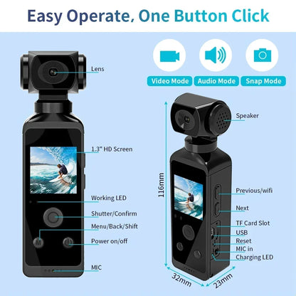 4K Ultra HD Pocket Action Camera 270° Rotatable Vlog Wifi Mini Sports Cam Waterproof Case Helmet Travel Bicycle Driver Recorder